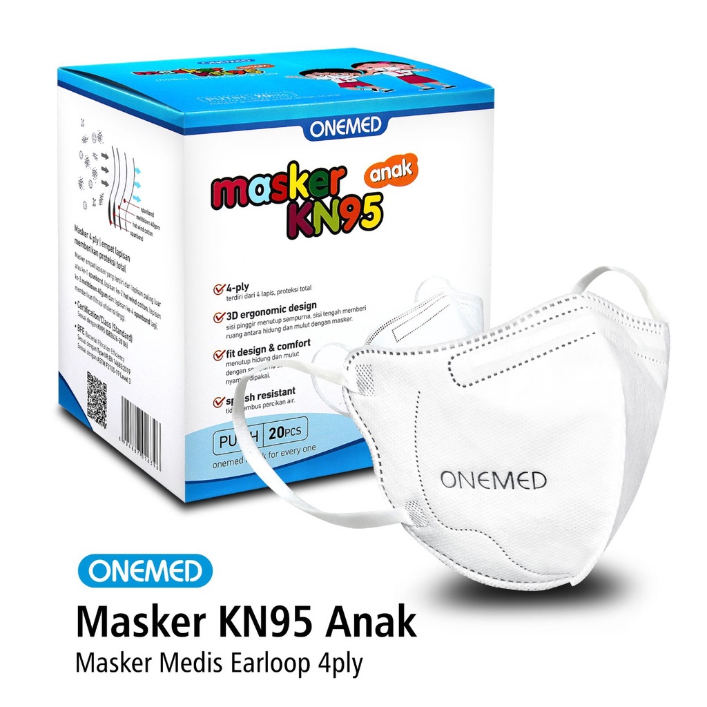 Masker Karet Medis KN95 Anak OneMed 4ply Box isi 20pcs - Putih OJB