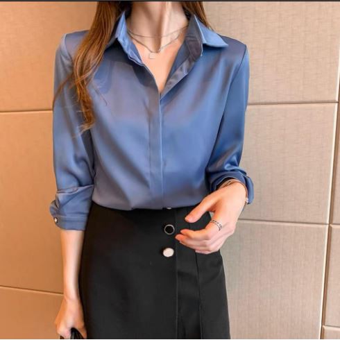 Atasan Wanita - Kemeja Wanita Lengan panjang import #Tris -Biru