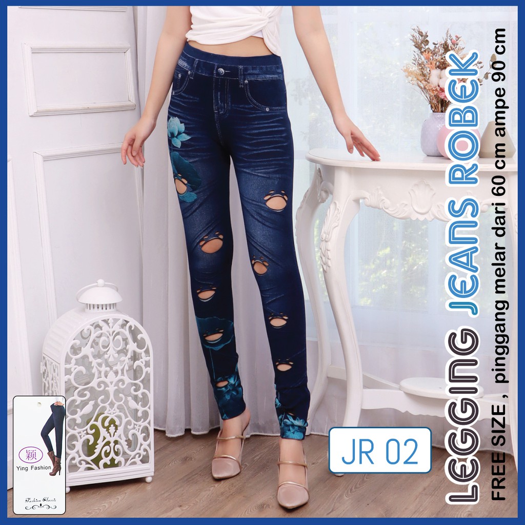 Legging Ripped Jeans 02 / Legging Import Jumbo Wanita / Legging kekinian / Legging jeans robek / legging fashion wanita