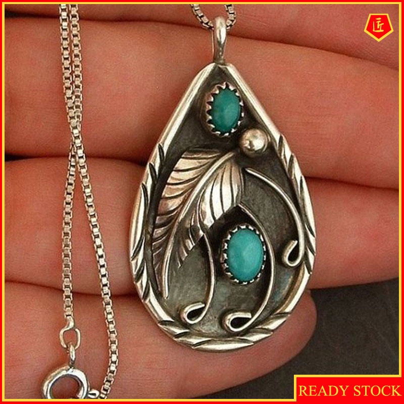 [Ready Stock]Fashion Inlaid Emerald Vintage Feather Pendant Plated S925 Silver Necklace