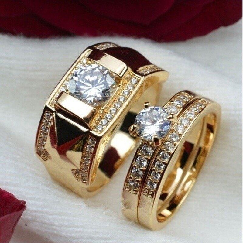 Set Cincin Zircon Berlian 18K Gold Ukuran 7-14 - 5-12 Untuk Pria Dan Wanita