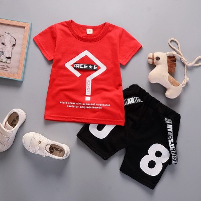 ( 6bln - 3thn ) COD Setelan Baju Anak / Pakaian Lengan Pendek Anak Laki-Laki Gambar Tanda Tanya SB03-08 MERAH