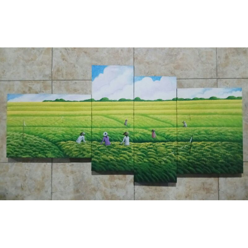 Lukisan panel pemandangan sawah hijau