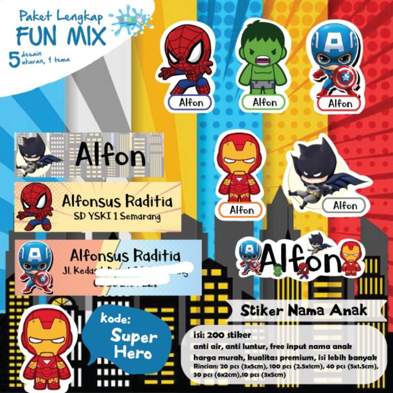 

200 PCS LABEL NAMA STIKER ANAK SUPER HERO WATERPROOF