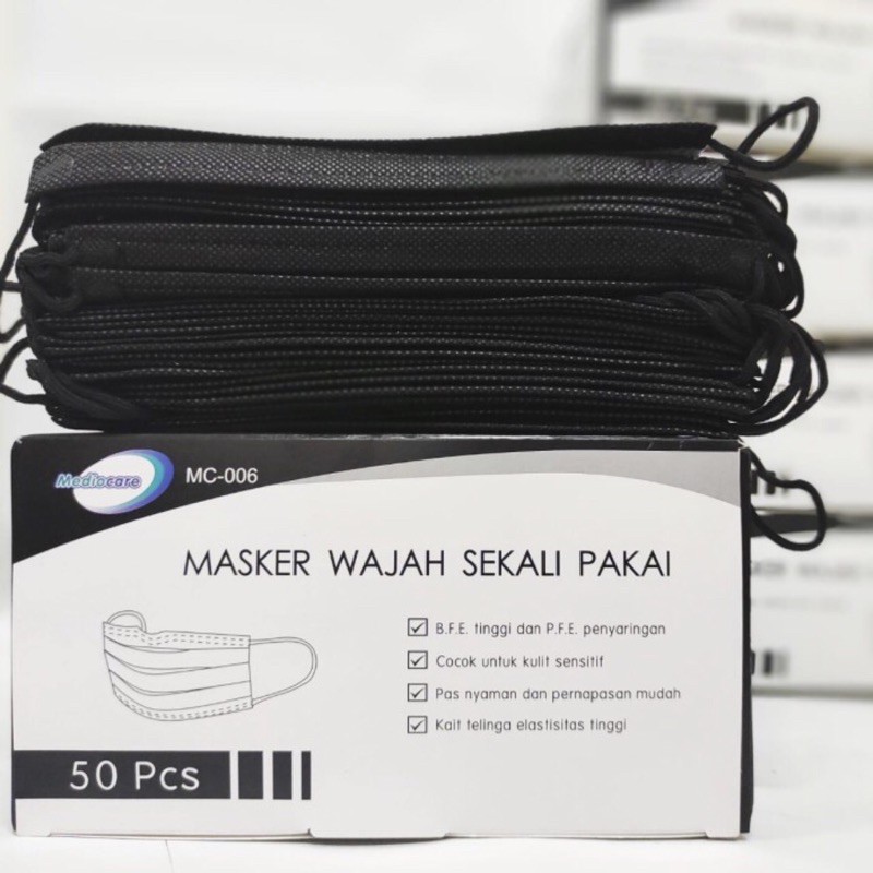 Mediocare Masker Medis Hitam 3 ply Disposable Mask Earloop 1 Box isi 50 pcs