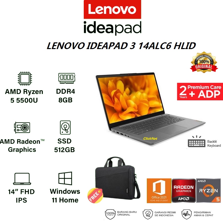 LENOVO IDEAPAD 3 14ALC6-HLID AMD R5-5500U 8GB 512GB SSD FHD IPS WIN11 OHS