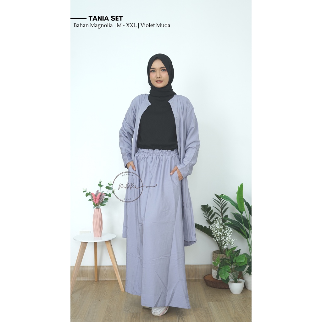 Tania One Set Setelan Rok + Tunik Wanita Remaja Full Kancing Depan Busui Jumbo LD 90 - 120 Bahan Katun Magnolia Premium Size M L XL XXL /Stelan Tunik Panjang Polos Kekinian terbaru 2021