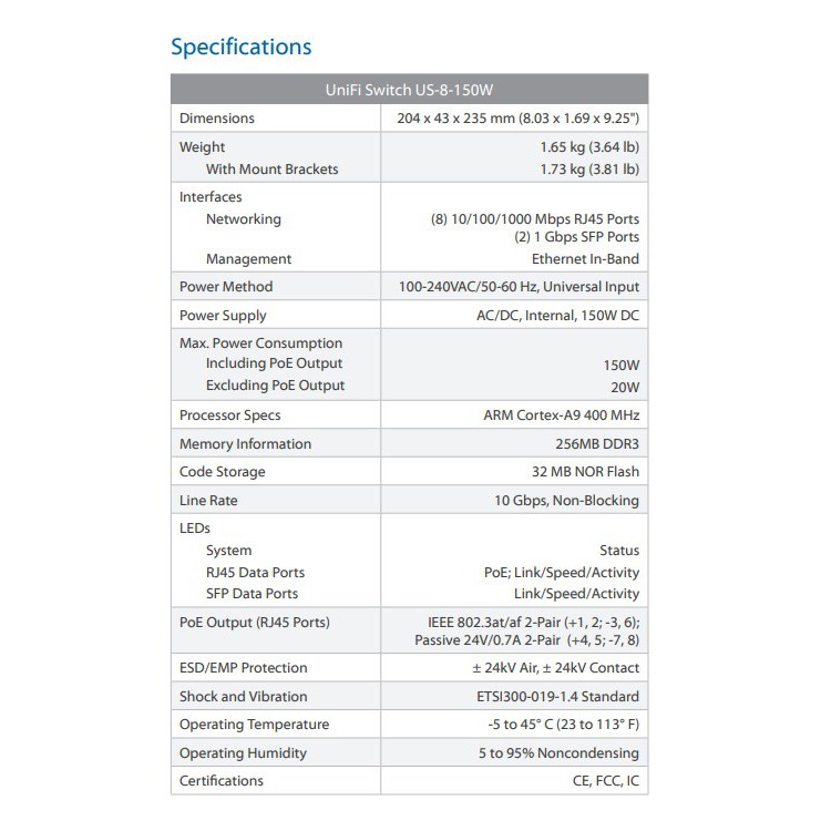 Ubiquiti US-8-150W Unifi Switch Managed PoE+ 8Port 150Watt