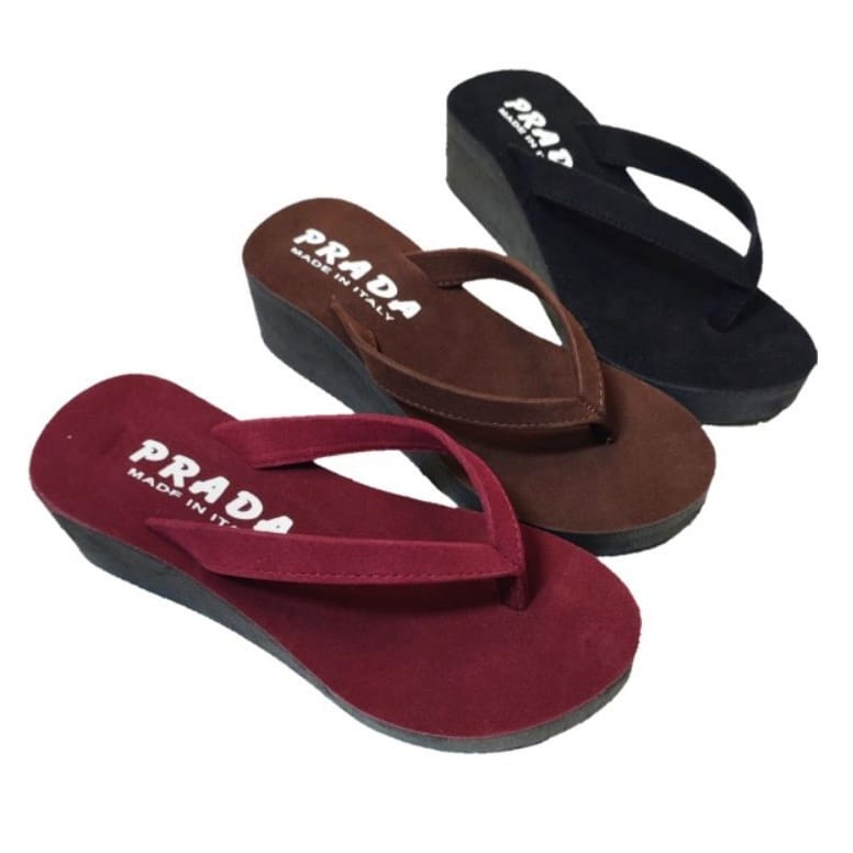 Sandal Wedges Jepit Beludru | Sendal Hak Tinggi Jepit Buludru