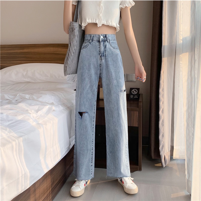 ✅COD Celana Jeans Wanita Ripped Jeans Sobek Korean Highwaist Straight Jeans Kekinian