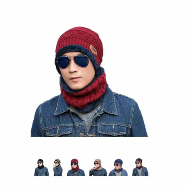 Set Topi winter dan syal rajut tebal topi beanie kupluk and scarf topi musim dingin ala Korea style