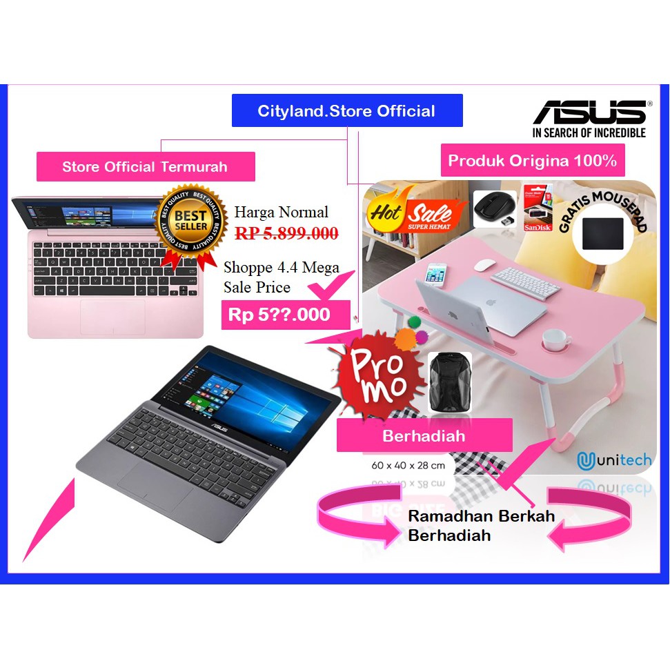 Notebook Asus VivoBook E203mah Intel Celeron N4000 Windows 10 Free Meja Portable-2Gb Paket Komplit