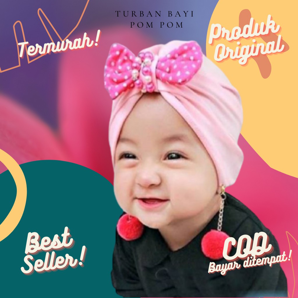 Turban Bayi Pom Pom Polkadot usia 0-3 Tahun perempuan muslimah turban lucu