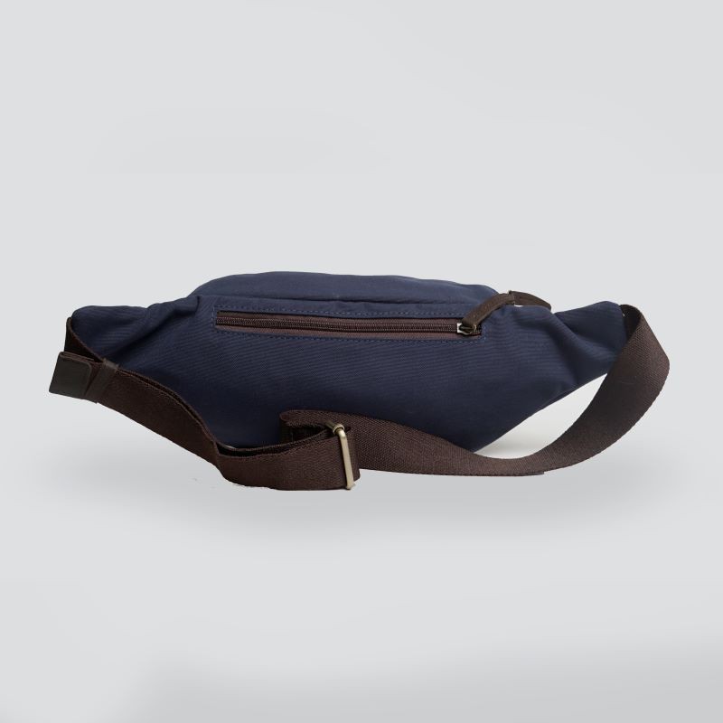 Tas Waistbag Selempang Pinggang IDAHO Biru Navy Kanvas TEBAL Water Repellent &amp; Kulit ASLI