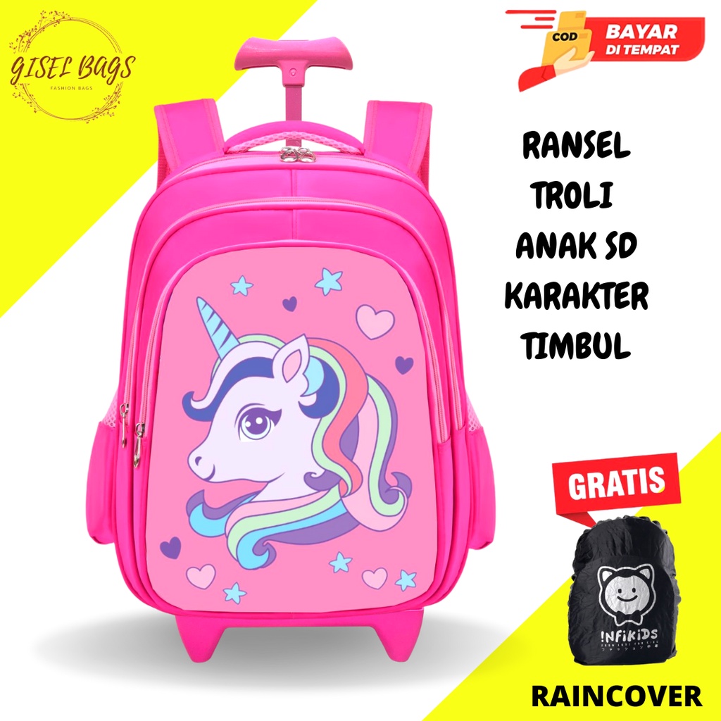 GB-Tas ransel troli anak perempuan SD tas ransel troli timbul tas ransel troli karakter lucu tas ransel troli import