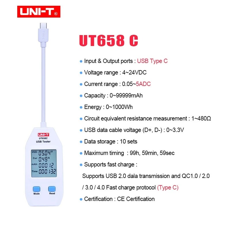 UNI-T UT658C - Portable USB Type-C Voltmeter Power Meter Tester