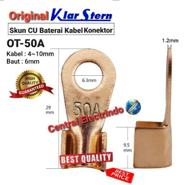 Skun Kabel CU KlarStern OT-50A Kabel 4~10mm Baut 6mm Baterai Kabel Konektor.