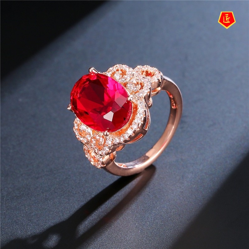 [Ready Stock]Fashionable High-End Ruby Diamond-Studded Ring Rose Gold Pattern