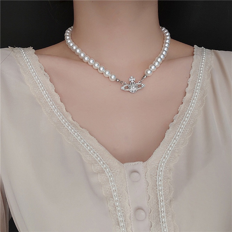 Kalung Choker Manik-Manik Mutiara Bentuk Planet Untuk Wanita