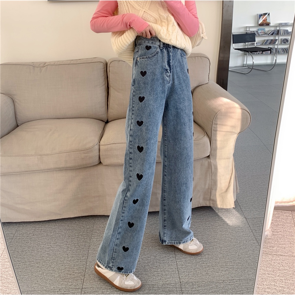 high-waist straight-leg wide-leg jeans celana highwaist wanita /Heart Embroidery Celana Jeans