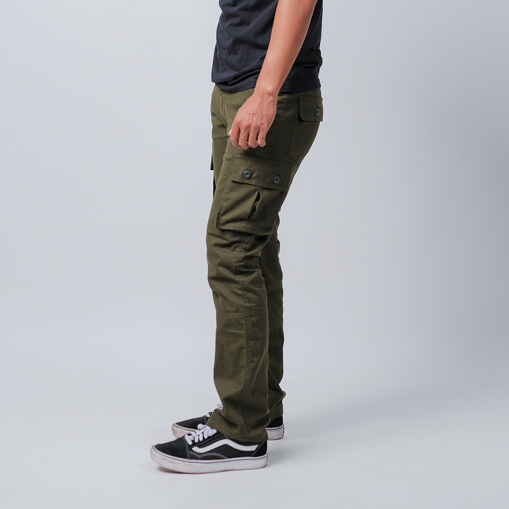 LIAN - Mountain Canvas Long Cargo Pants Slim Straight Cut Olive Green