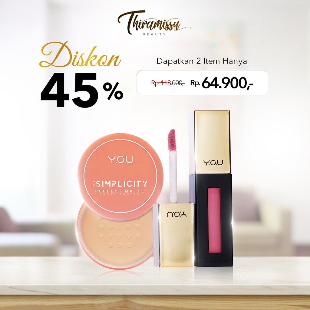 TERMURAH YOU Y.O.U The Simplicity Perfect Matte Loose Powder dan Soft Matte Lipcream Bundling Disc