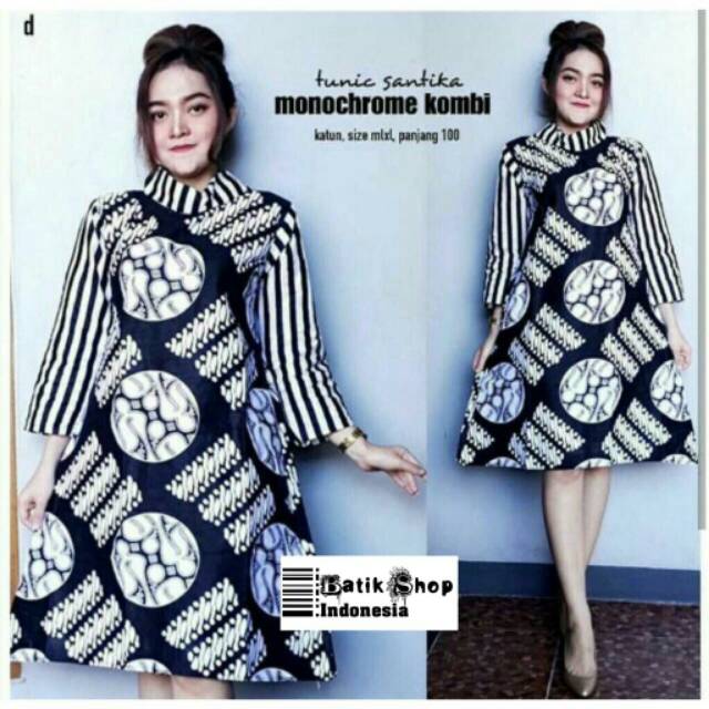 Tunik Santika Mono Kombi Batik Monokrom Muslim Baju Kerja Monochrome Kantoran Casual Formal