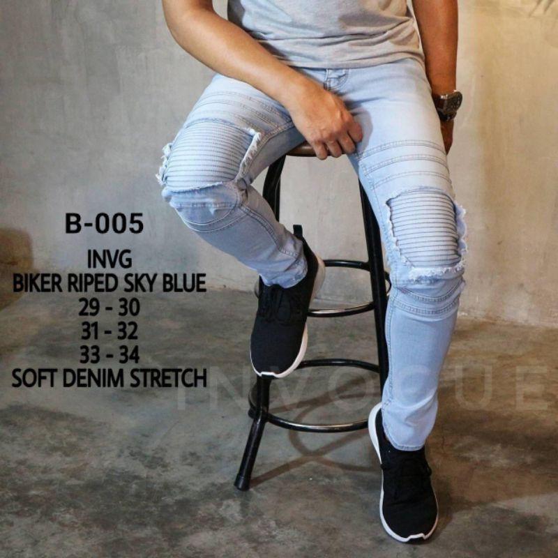 Celana Panjang Jeans Pria Skinny Biker Patch Jeans Blue Sky/ Skinny Biker Jeans Blue Sky Premium