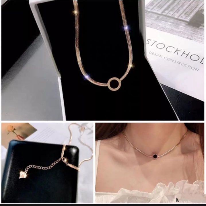 KALUNG WANITA ASLI TITANIUM MODEL GEPENG LIONTIN HITAM / AKSESORIS WANITA ASLI TITANIUM