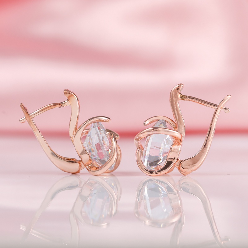 Anting Zircon Bentuk Bulat Warna Rose Gold Untuk Wanita