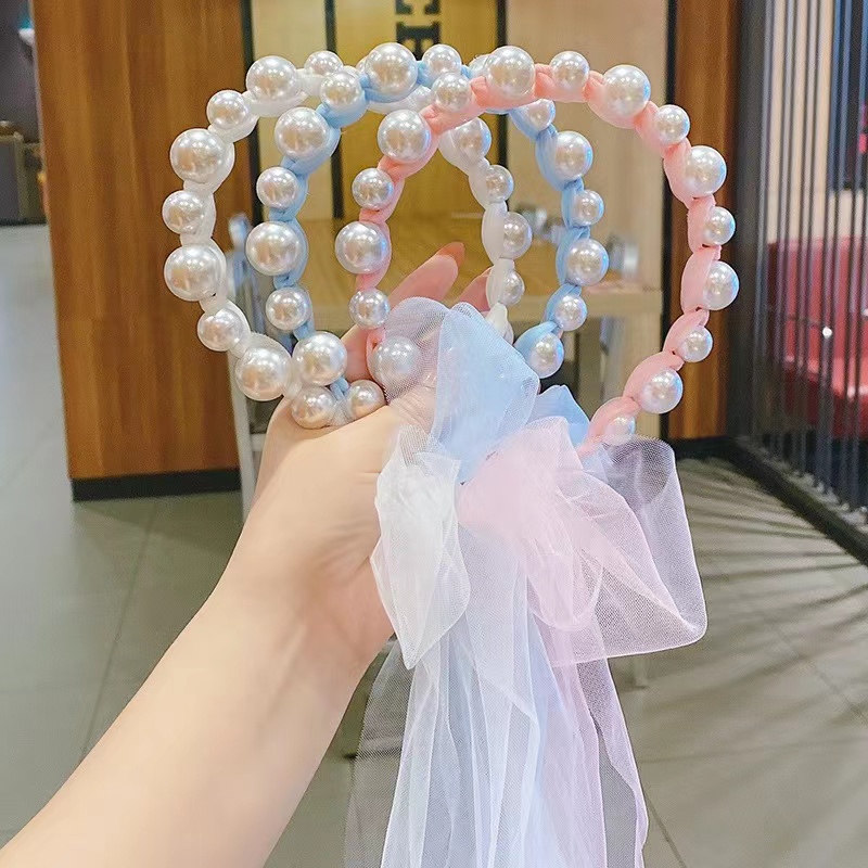 (Hello Girl) B11 Bandana Mutiara Pita Tulle Panjang Bisa diikat Gaya Korea Bando Anak Import