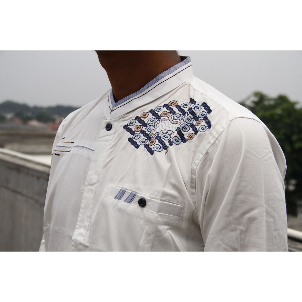 Baju Koko Pria Lengan Panjang Syahdika Putih Motif Bordir 11 | Pakaian Solat Pria | Baju Muslim