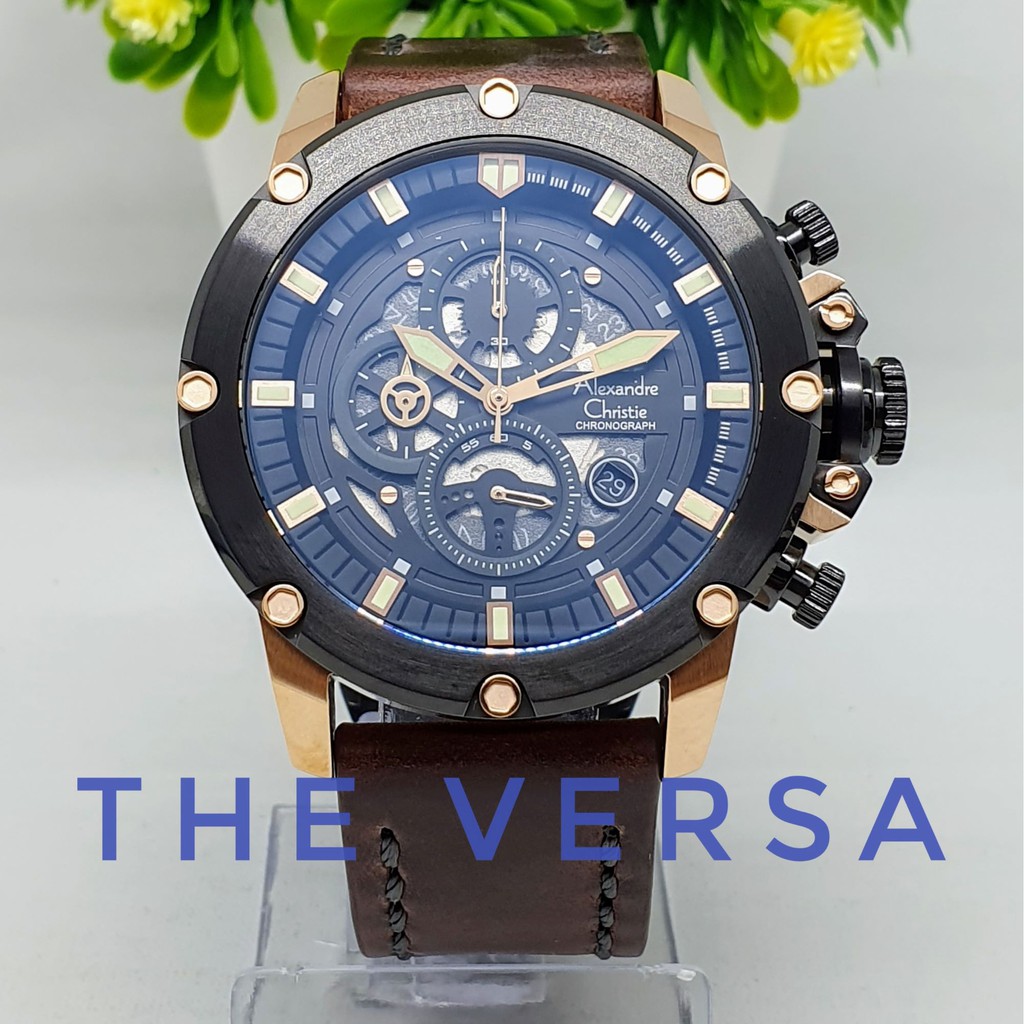 Alexandre Christie AC 6416 Jam Tangan Pria Rose Gold Kulit Coklat Tua