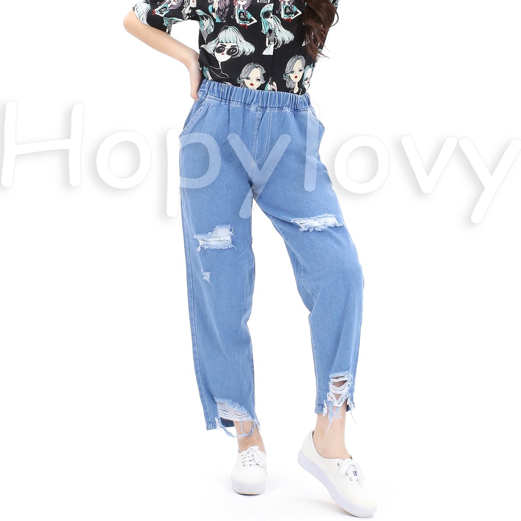 HOPYLOVY - Celana Boyfriend Jeans Wanita Pinggang Karet Sobek Ripped BF Charlie