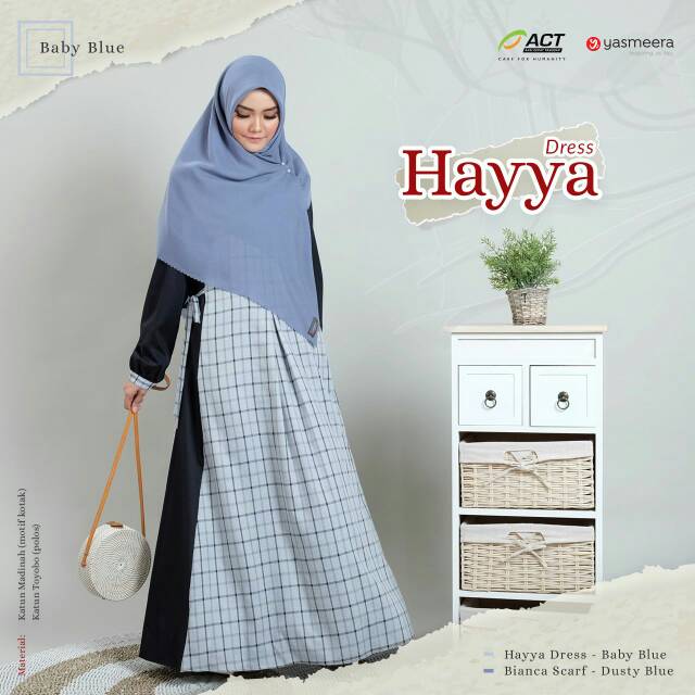 HAYYA DRESS DUSTY BLUE YASMEERA - GAMIS SYARI BRANDED TERBARU KATUN MADINA TOYOBO MOTIF KOTAK ADEM