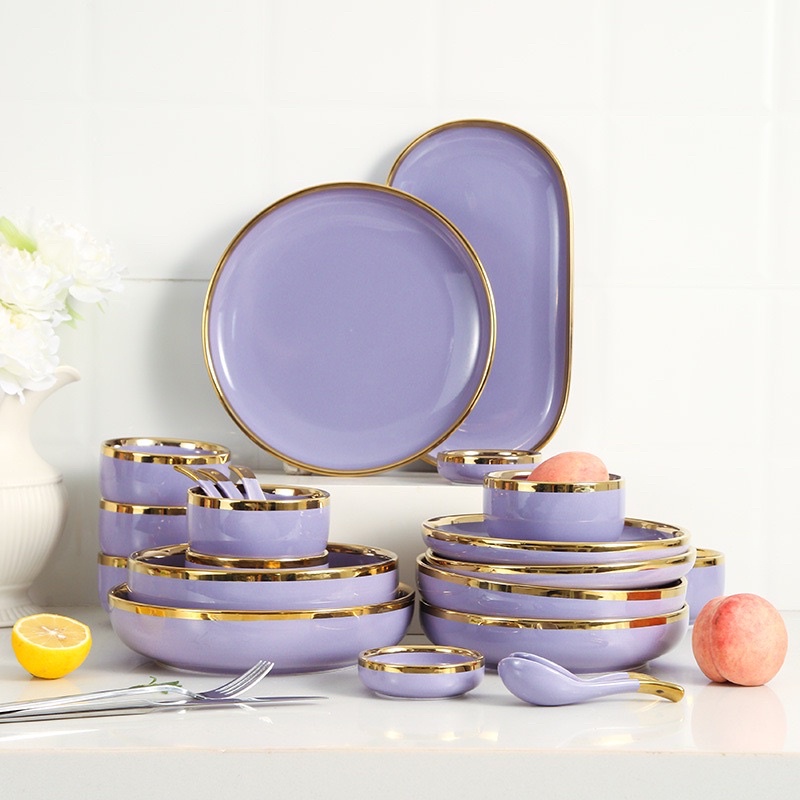 Piring set ungu gold Oriental Dining set 9pcs, 18, 26pcs tanpan nampan oval, 26 pcs dengan nampan oval free box