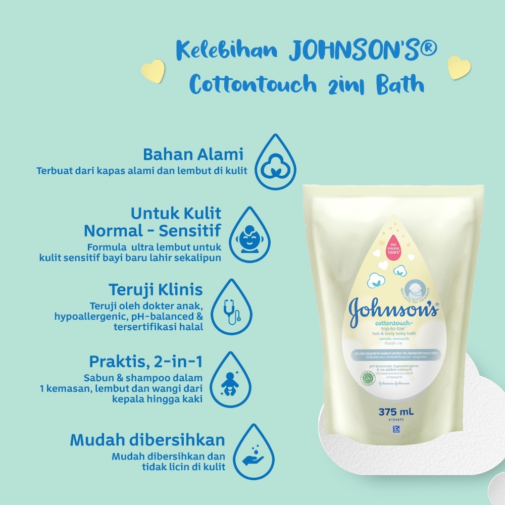 JOHNSON'S CottonTouch Top-to-Toe Hair &amp; Body Baby Bath - Sabun Bayi 2in1 Refill 375ml