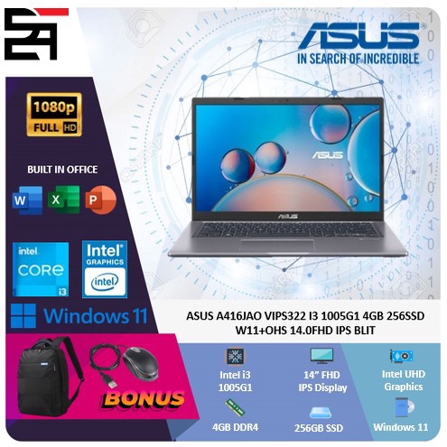 Asus Vivobook A416JAO i3 1005G1 16GB 512GB SSD W11+OHS 14 Inchi FHD IPS