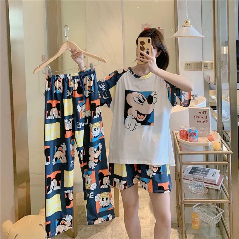 AJW Shop Piyama 3 in 1 | Piyama Lengan Pendek | Baju Tidur Impor | Baju Tidur 3in1-Mickey Putih