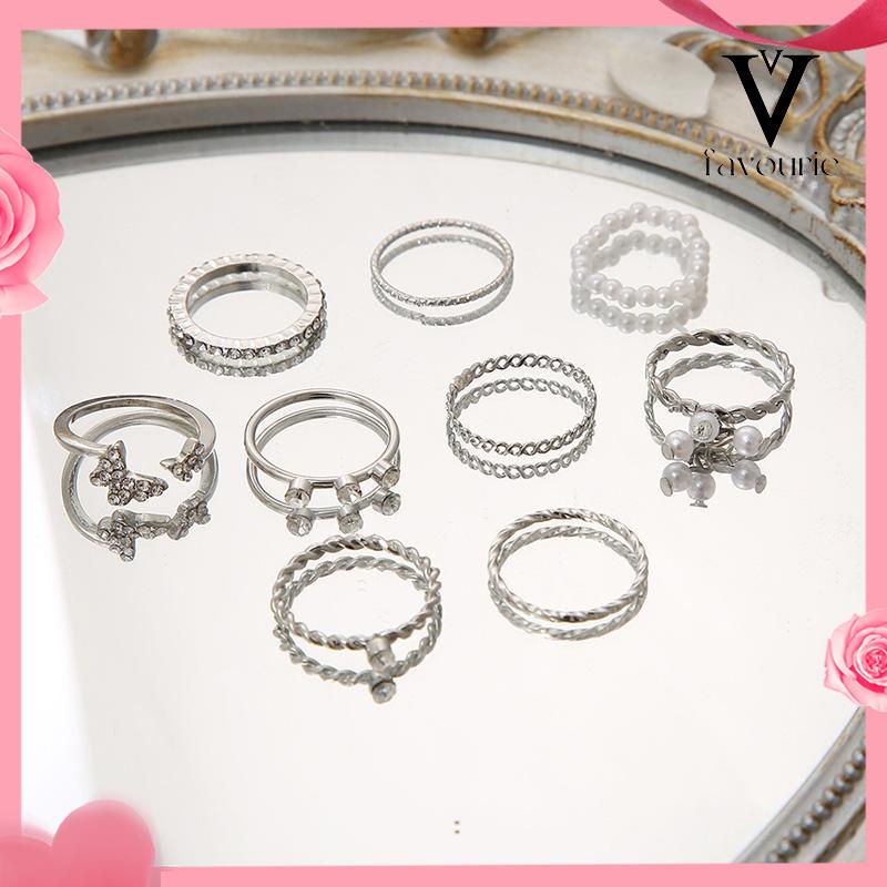 [COD]9 PCS Wanita Tipis Berongga Mutiara Kristal Kupu-kupu Berlian Premium Knuckle Ring Set-FA