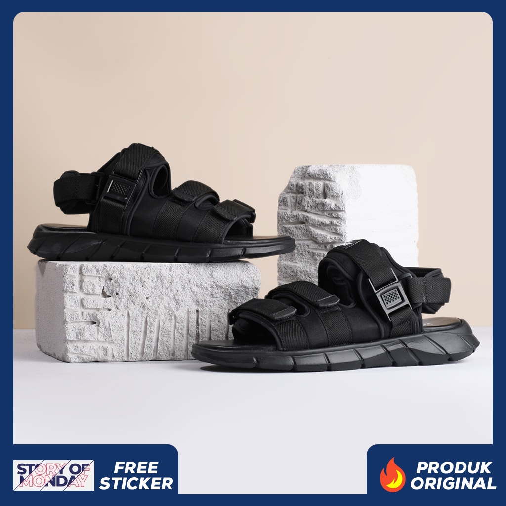 BIMA BLACK ORIGINAL x MONDAY Sandal Casual Full Hitam Pria Sendal Gunung Kasual Jalan Santai Harian Main Hangout Lebaran Fashion Distro Remaja Traveling Outdoor Premium Travelling Footwear Tali 3 Strap Big Size Jumbo Ukuran Besar 44 Keren Terbaru Kekinian