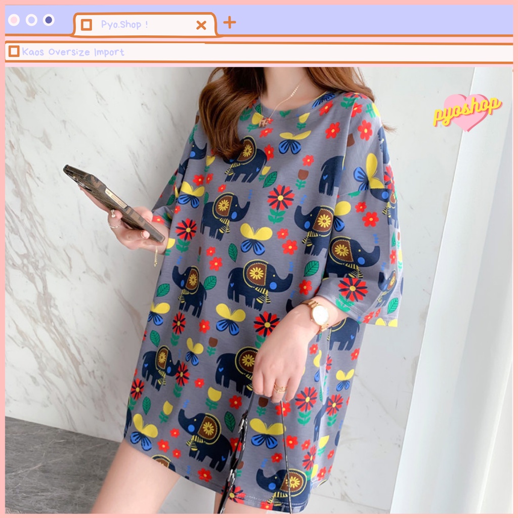 Kaos Import Longgar bigsize jumbo wanita motif elephant colourful