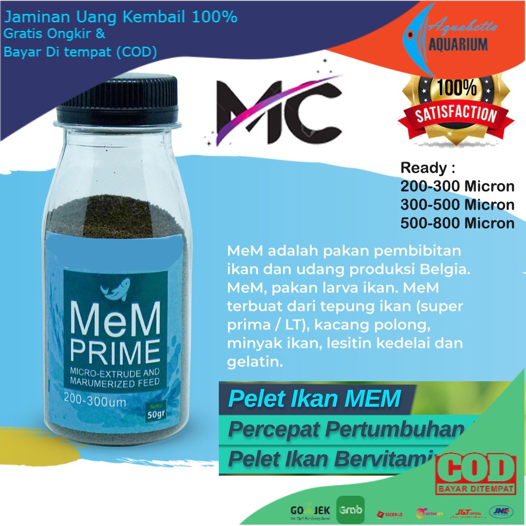 MeM Prime 200/300/500/800 Mikron Pakan Pelet Ikan Cupang Guppy Koi Koki Chana Chiclid Louhan Lohan B
