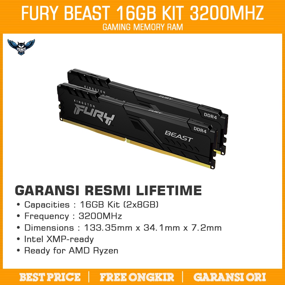 RAM Kingston Fury Beast 16GB Kit 3200 (8Gx2) DDR4 Black Memory 3200MHz