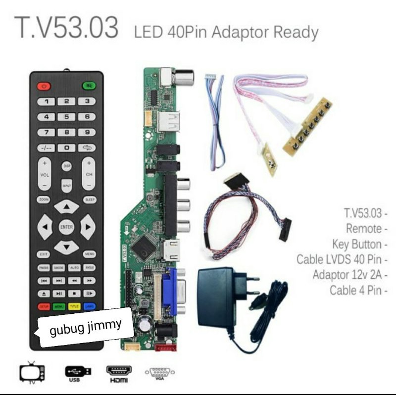 mb tv led universal paket untuk lcd bekas laptop lvds 40pin plus adaptor langsung nyala