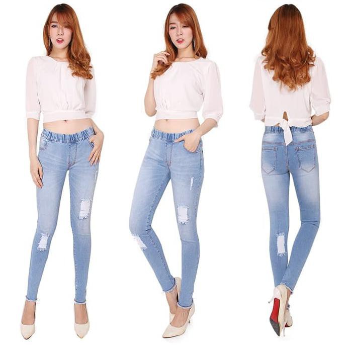 Celana Jeans Wanita Legging Jeans Karet Pinggang Rawis Rumbai H51 Premium