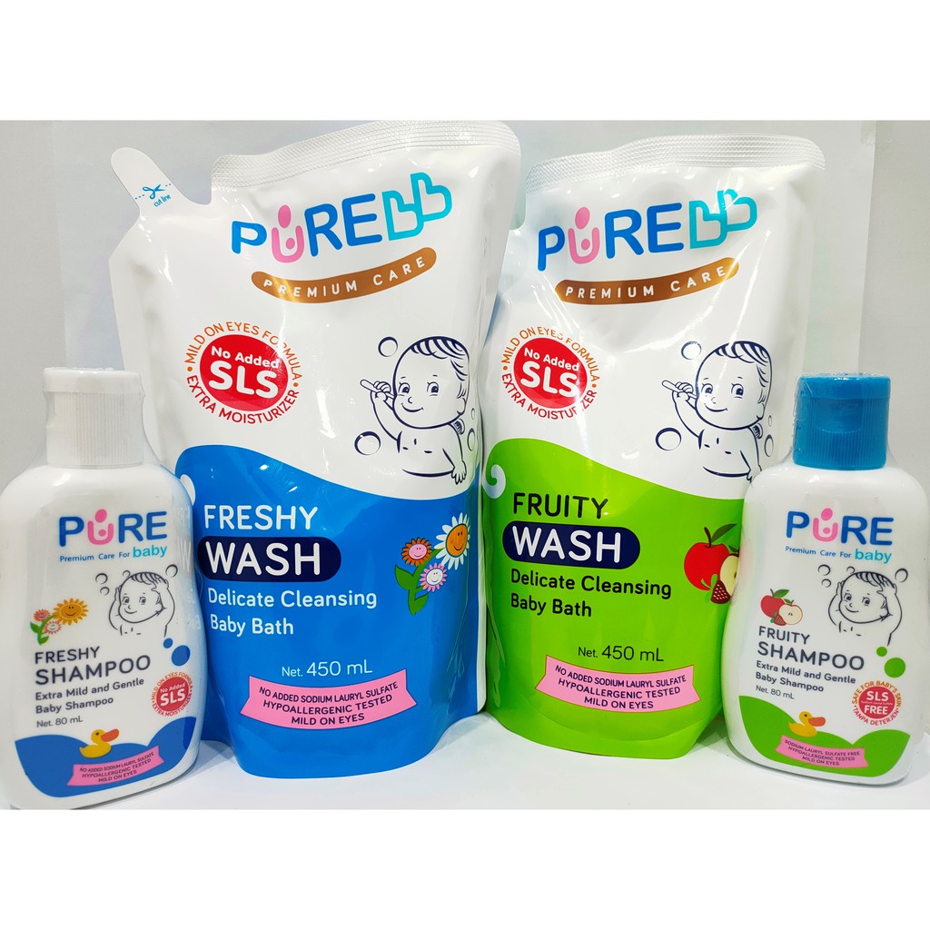 (Paket Hemat) Pure BB Fruity/Freshy Wash Refill 450ml + Pure Baby Shampoo - 80ml ( Free Random )