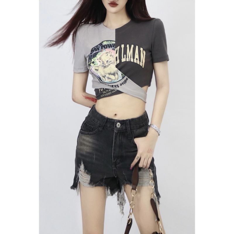 Pro Amerika Retro Dua Warna Jahitan Cetak Tali Pendek Hot Gadis Tipis Jalan Lengan Pendek T-shirt Se