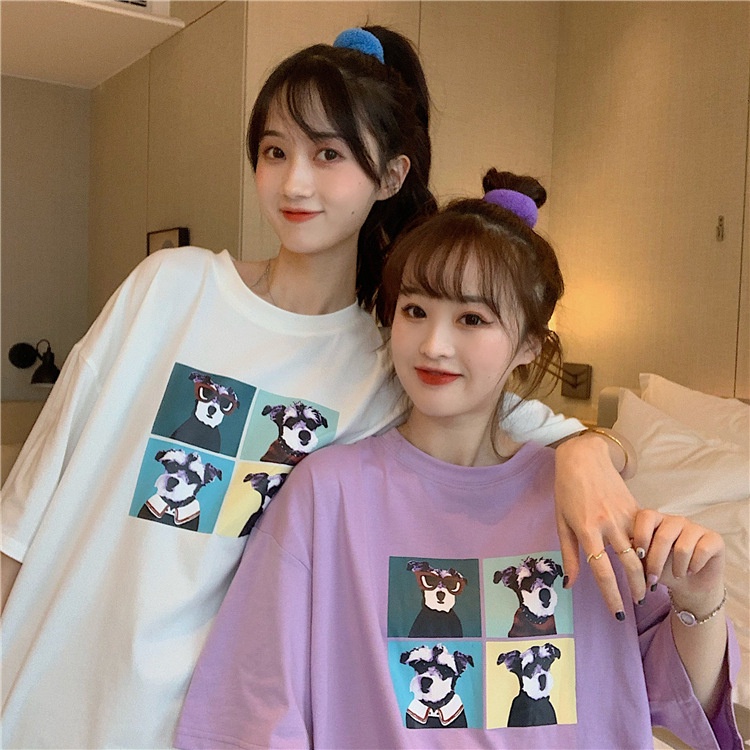 [littlecrab] Kaos Oversize Doggy Couple Teman Pacar T-shirt Oversize Puzzle Anjing Lucu Korean Style