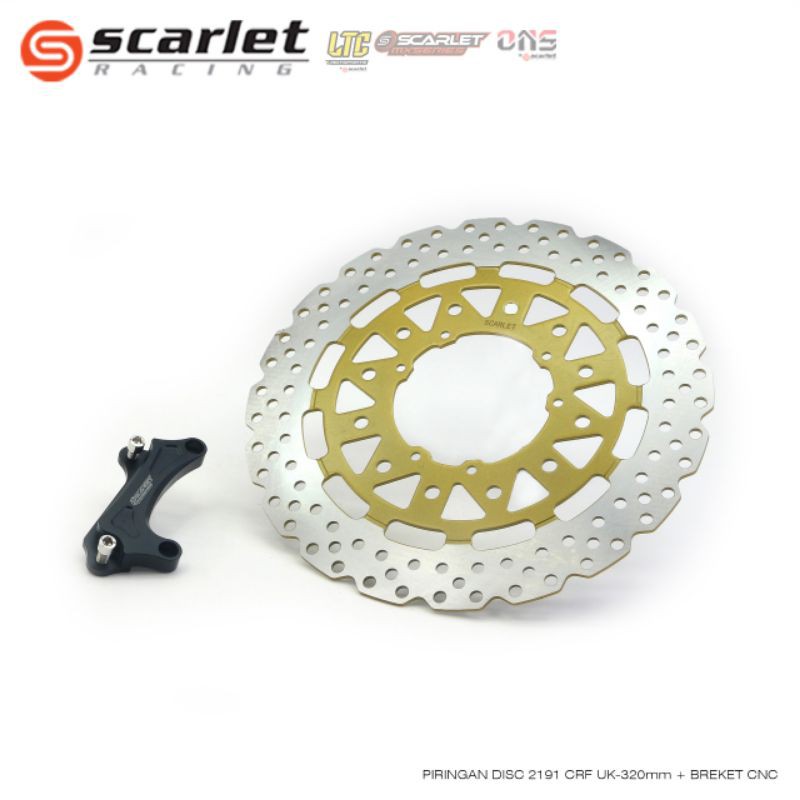 piringan cakram depan klx scarlet racing 320mm set breket pnp / disk depan klx supermoto